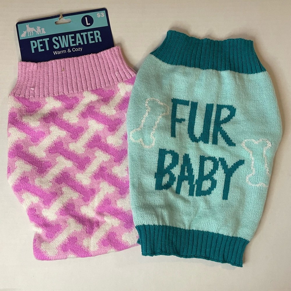 Dog Sweaters size Large Teal Fur Baby, Pink and White Dog Bone